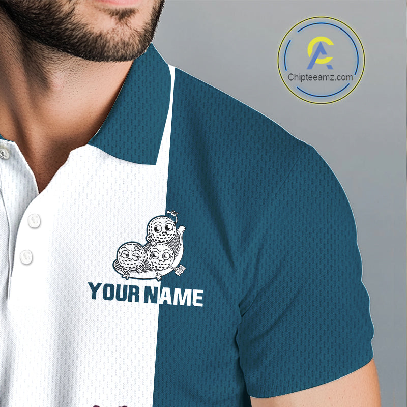 Mens Custom Blue Teal White Golf Team Polo Shirt, Funny Golf Ball Family Design, Matching Team Outfit NHT791