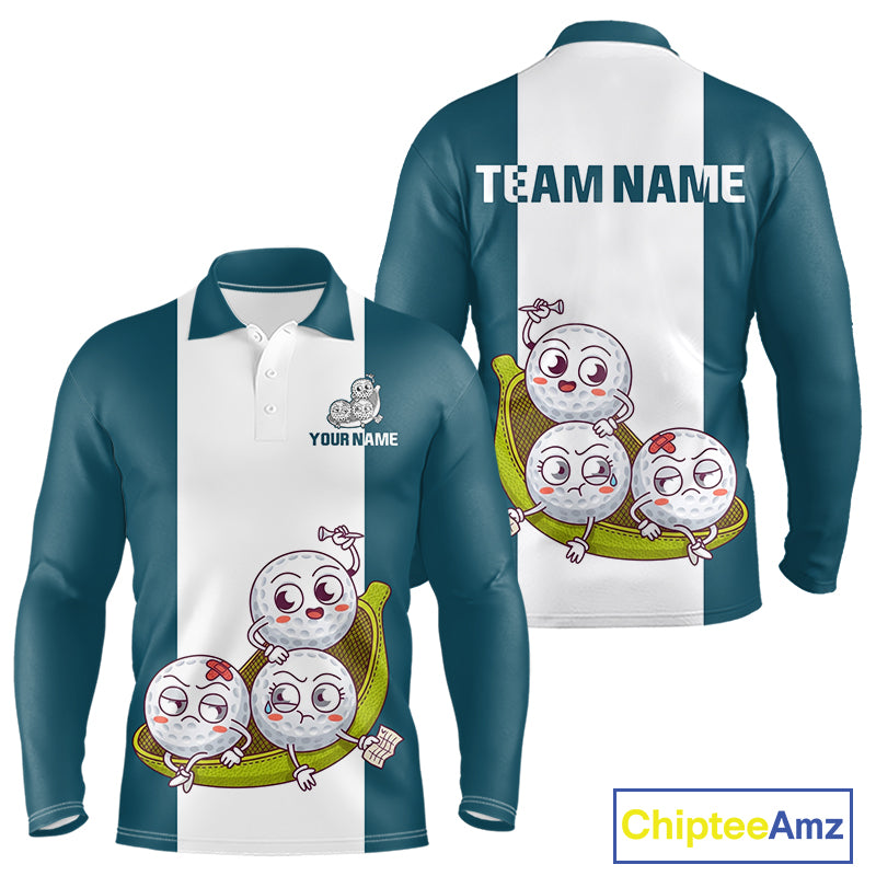 Mens Custom Blue Teal White Golf Team Polo Shirt, Funny Golf Ball Family Design, Matching Team Outfit NHT791