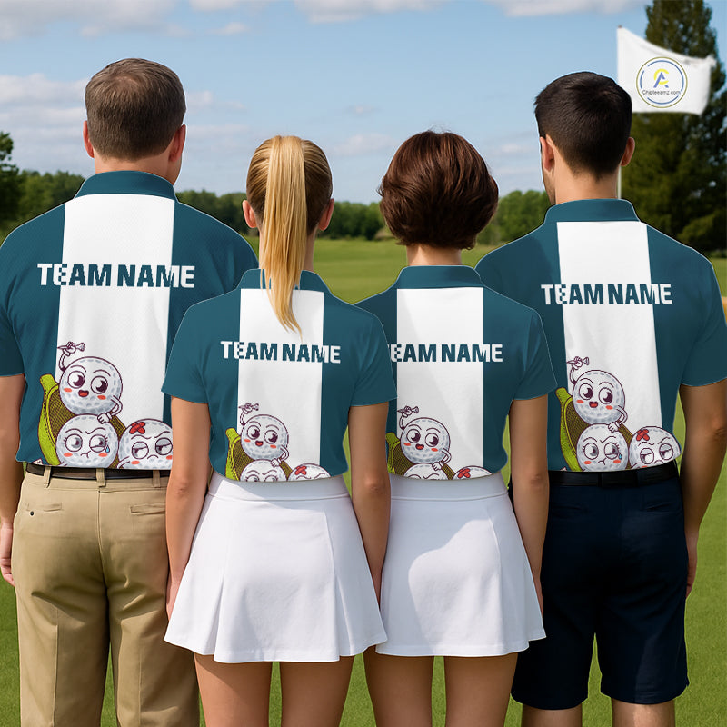 Mens Custom Blue Teal White Golf Team Polo Shirt, Funny Golf Ball Family Design, Matching Team Outfit NHT791
