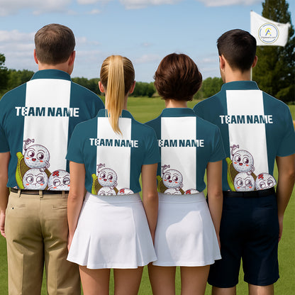 Mens Custom Blue Teal White Golf Team Polo Shirt, Funny Golf Ball Family Design, Matching Team Outfit NHT791