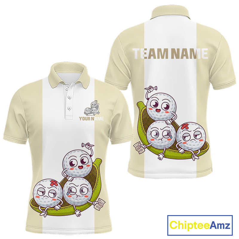 Mens Custom Beige White Golf Team Polo Shirt, Funny Golf Ball Family Design, Matching Team Outfit NHT792
