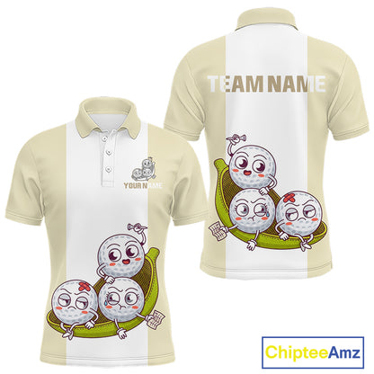 Mens Custom Beige White Golf Team Polo Shirt, Funny Golf Ball Family Design, Matching Team Outfit NHT792