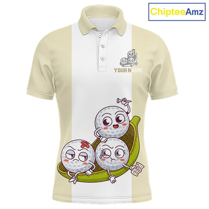 Mens Custom Beige White Golf Team Polo Shirt, Funny Golf Ball Family Design, Matching Team Outfit NHT792