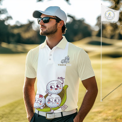 Mens Custom Beige White Golf Team Polo Shirt, Funny Golf Ball Family Design, Matching Team Outfit NHT792