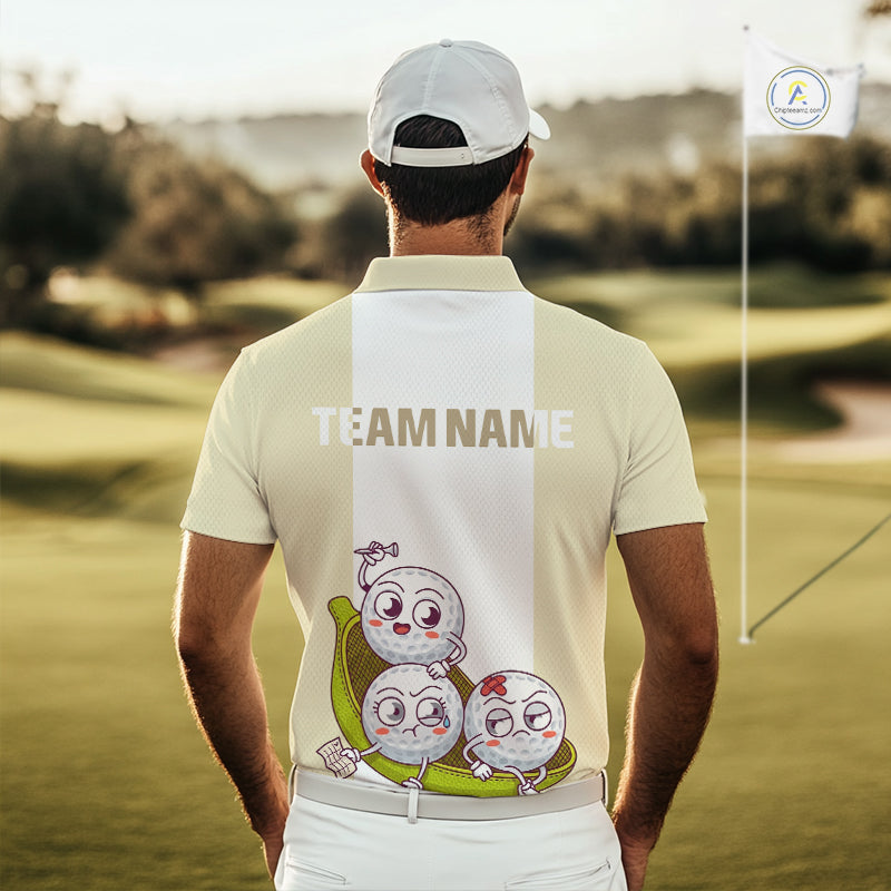 Mens Custom Beige White Golf Team Polo Shirt, Funny Golf Ball Family Design, Matching Team Outfit NHT792