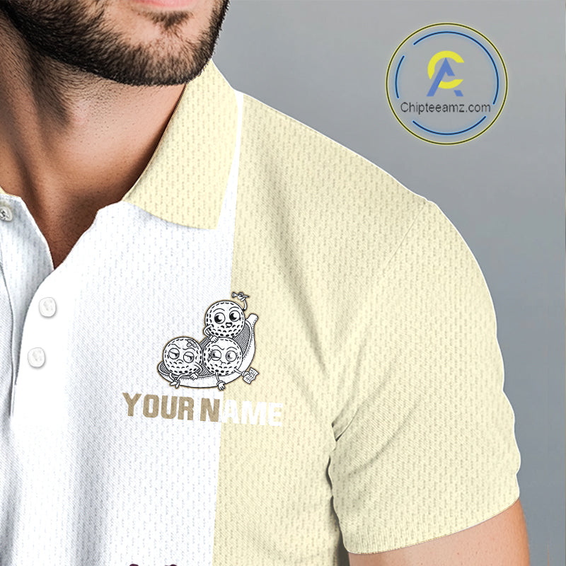 Mens Custom Beige White Golf Team Polo Shirt, Funny Golf Ball Family Design, Matching Team Outfit NHT792