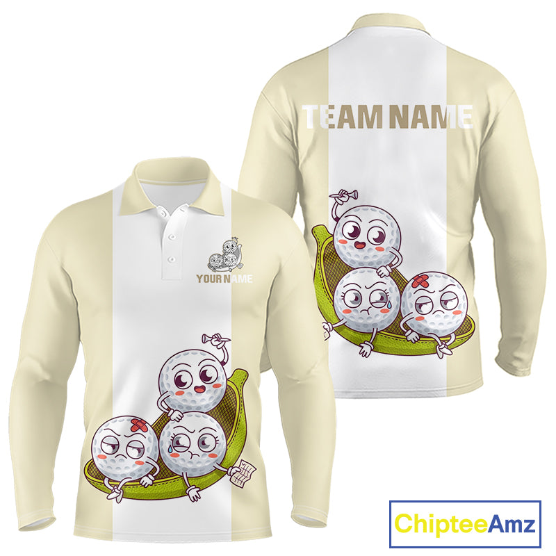 Mens Custom Beige White Golf Team Polo Shirt, Funny Golf Ball Family Design, Matching Team Outfit NHT792
