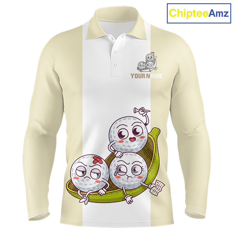 Mens Custom Beige White Golf Team Polo Shirt, Funny Golf Ball Family Design, Matching Team Outfit NHT792