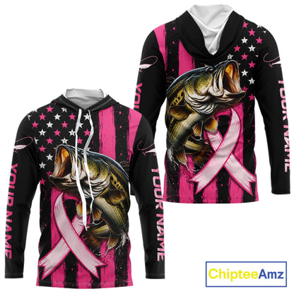 Front and back views of a custom black and pink pullover hoodie featuring a large bass fish graphic, a pink ribbon, and an American flag pattern with white stars. The hoodie has customizable text placeholders and is shown on a white background with a ChipteeAmz logo in the corner.