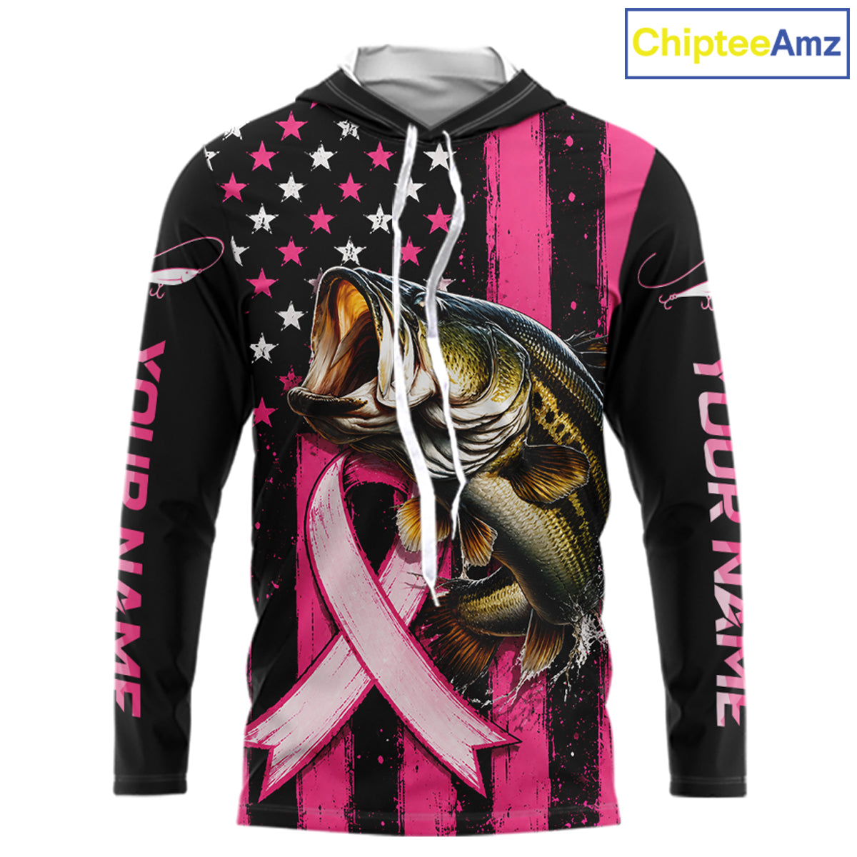 A long-sleeve hoodie with a black and pink distressed American flag design, white stars, a large bass fish graphic, a pink awareness ribbon, and customizable text on the sleeves. A 'ChipteeAmz' watermark is visible in the top right corner.