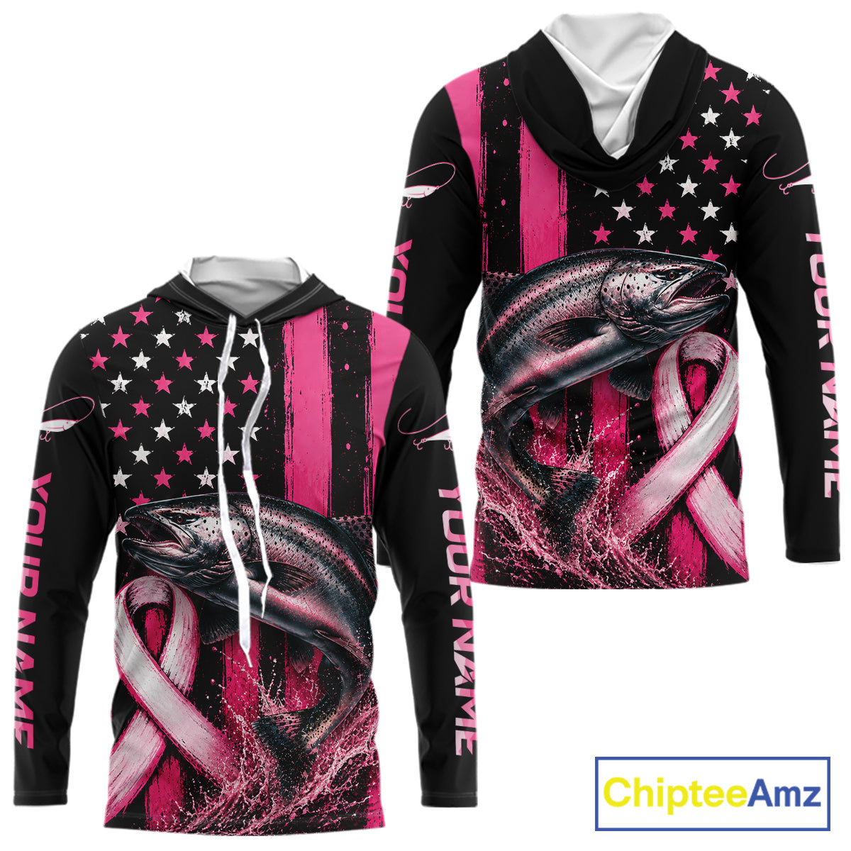 A custom long-sleeve hoodie shown from the front and back, featuring a black and pink American flag design with white stars, a large fish graphic, and pink awareness ribbons. The hood is black with a white interior lining and drawstrings.