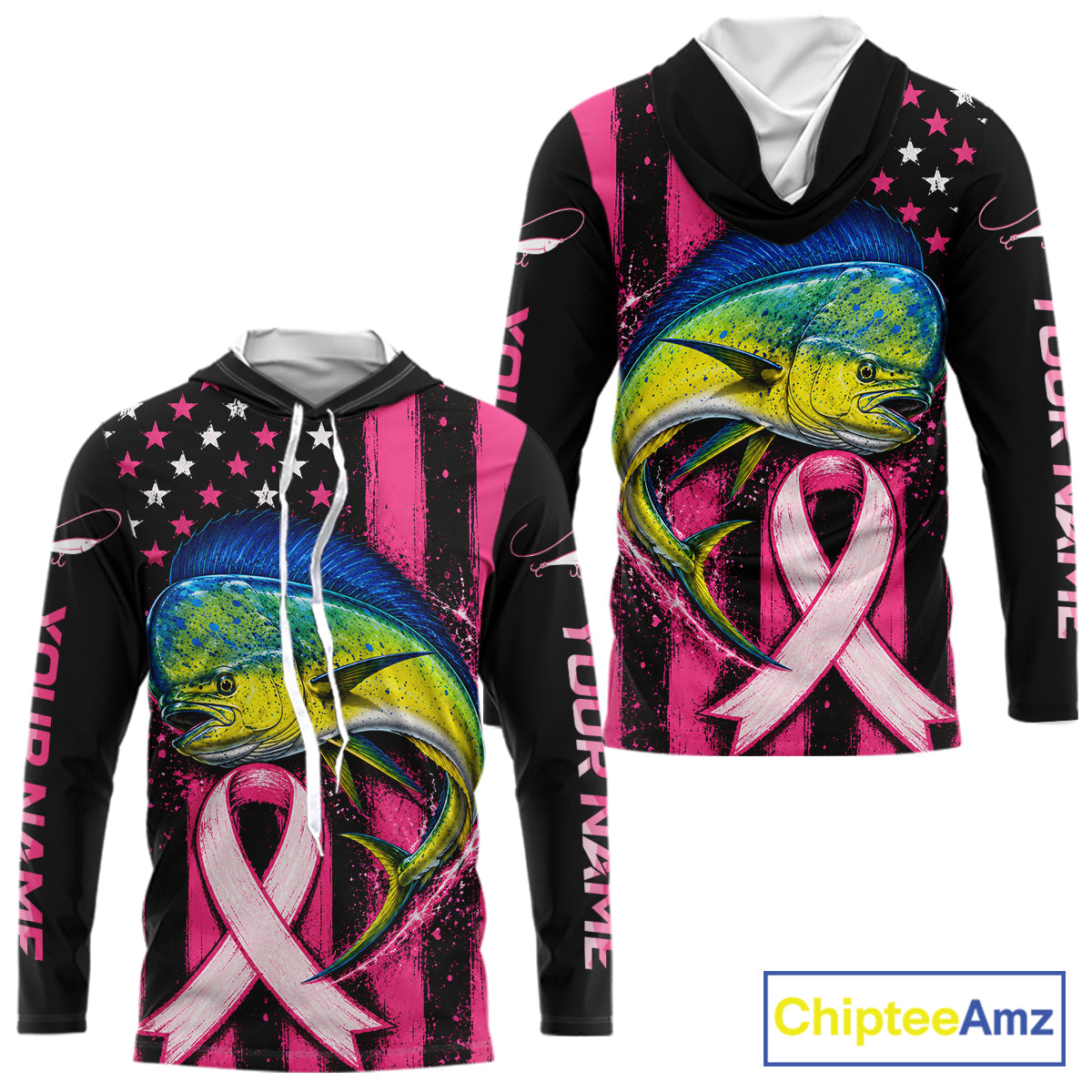 Front and back views of a custom printed hoodie featuring a colorful marlin fish, a pink awareness ribbon, and a black-and-pink striped American flag design. The hoodie has white drawstrings and customizable text on the sleeves, shown on a white background with a ChipteeAmz logo in the corner.
