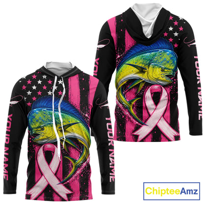 Front and back views of a custom printed hoodie featuring a colorful marlin fish, a pink awareness ribbon, and a black-and-pink striped American flag design. The hoodie has white drawstrings and customizable text on the sleeves, shown on a white background with a ChipteeAmz logo in the corner.