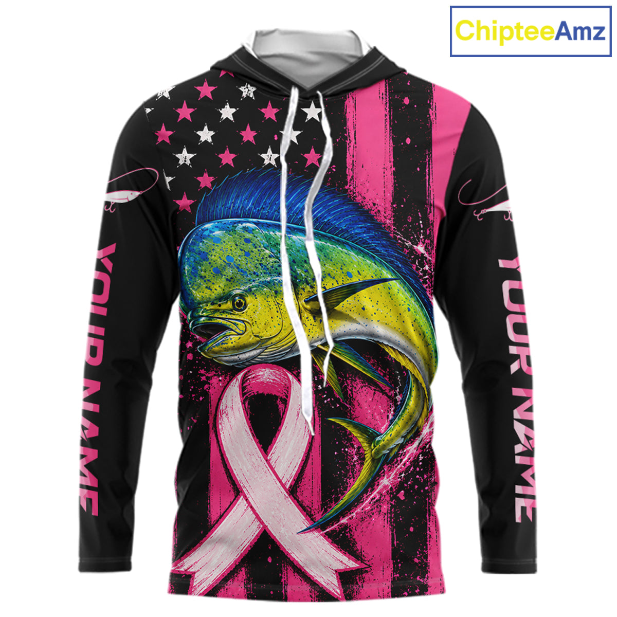 A long-sleeve hoodie with a black base, featuring a large graphic of a blue and yellow mahi-mahi fish over a pink ribbon, with pink and white vertical text on the sleeves and a pink-and-white star pattern on the upper chest. The hoodie is shown on a white background with a 'ChipteeAmz' logo in the top right corner.