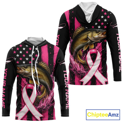 A long-sleeve hoodie shown from the front and back on a white background. The design features a  walleye fish, a pink and white awareness ribbon, pink and white stars on a black background, and vertical text reading 'YOUR NAME' on the sleeves.