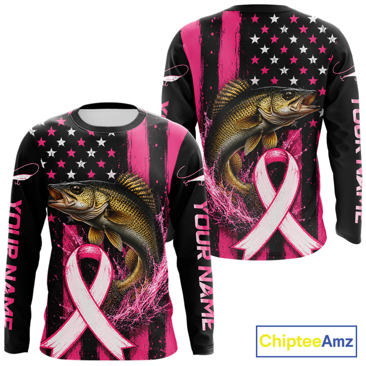 Front and back views of a long-sleeve custom fishing shirt with a pink and black patriotic design, featuring a largemouth bass graphic, a pink awareness ribbon, stars, stripes, and placeholder text 'YOUR NAME' on the sleeves.