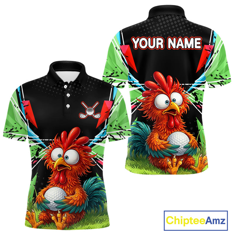 Personalized Crazy Rooster Golf Polo Shirt Green Abstract Geometric Golf Apparel for Men