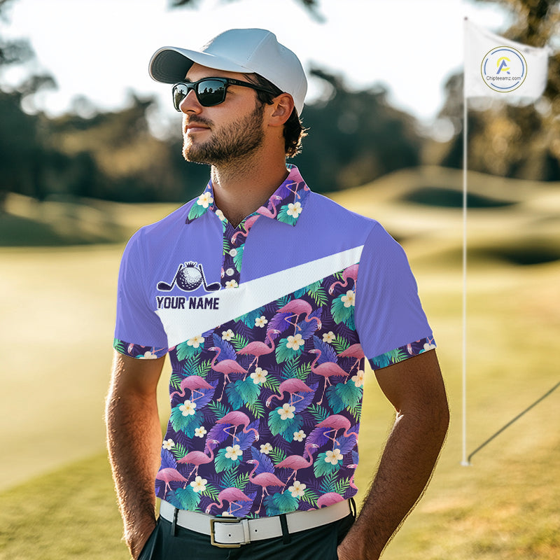 Purple Flamingo Tropical Pattern Golf Polo Shirt Custom Golf Shirts For Mens NHT584