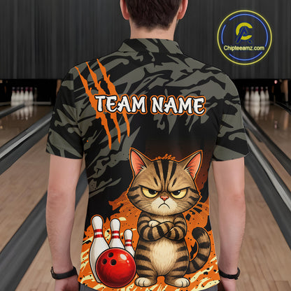 Funny Cat Bowling Shirt Custom Name Black Camo Orange Personalized Team Jersey For Men NHT1265