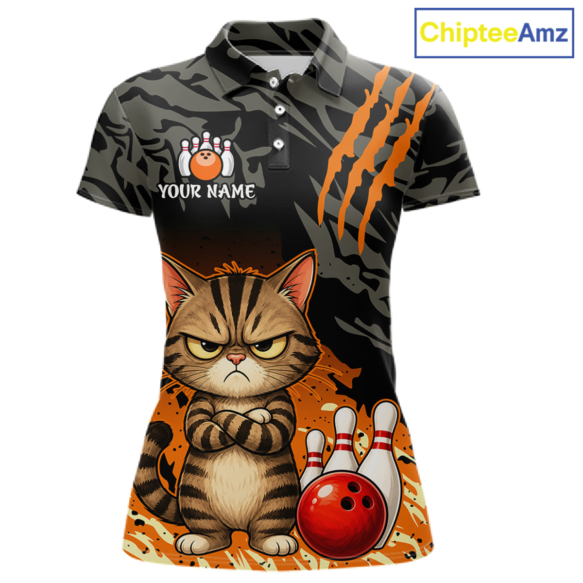A short-sleeve polo shirt with a black and gray camouflage pattern, orange claw-stripe graphics, and a cartoon grumpy cat with bowling balls and pins on the front. The shirt includes a customizable name placeholder on the left chest.