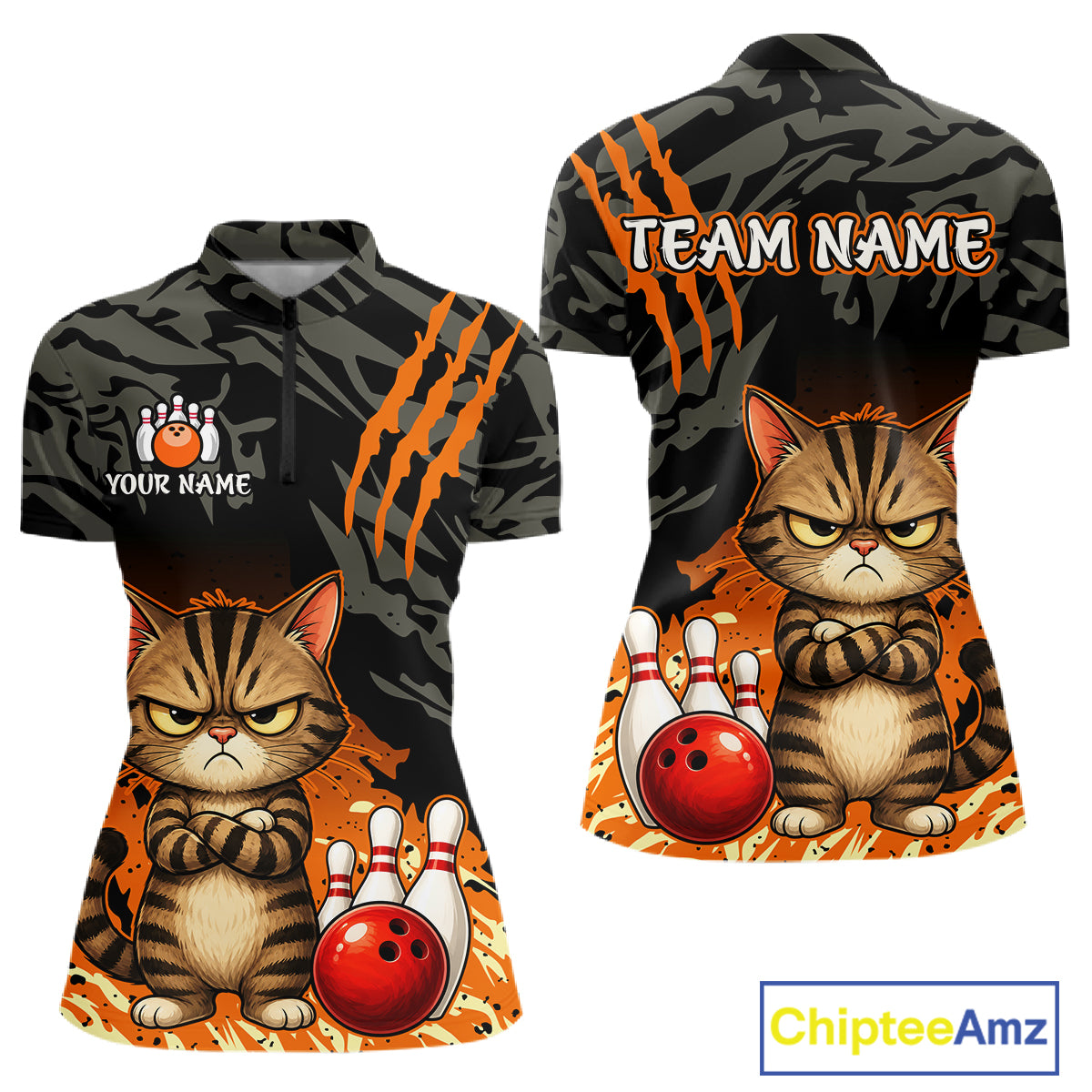 Front and back views of a women's short-sleeve polo shirt featuring a cartoon grumpy cat with bowling balls on a black and gray camouflage background with orange claw marks. The front shows a paw print logo with 'YOUR NAME' and the back shows 'TEAM NAME' placeholder text.