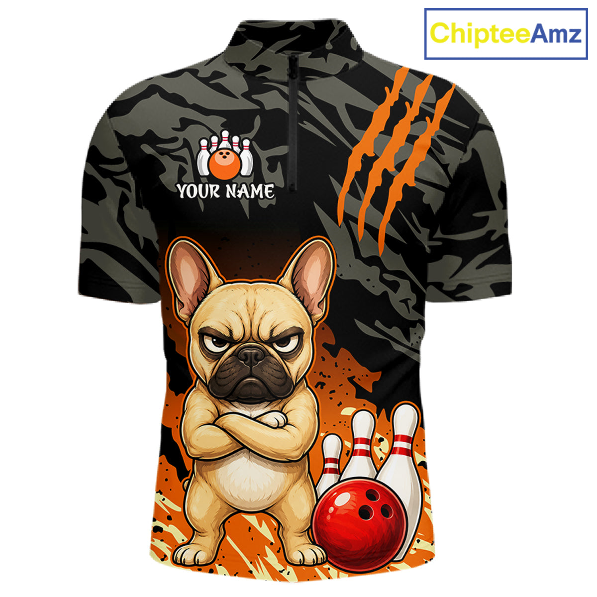 A short-sleeve quarter-zip performance jersey with a black and dark gray camouflage pattern, featuring an orange claw-print graphic on the right chest and a cartoon French bulldog with bowling pins and a red bowling ball on the front. The jersey has a placeholder graphic on the left chest with the text 'YOUR NAME' and a bowling pin icon.