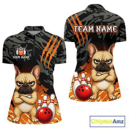 Custom short-sleeve polo shirt shown from front and back, featuring a French bulldog graphic, bowling pins and ball, orange claw-stripe graphics, and placeholder text including 'TEAM NAME' and 'YOUR NAME'.