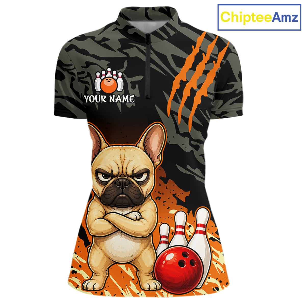A women's short-sleeve polo shirt with a black and dark gray camouflage pattern, featuring orange claw-strike graphics, a cartoon French bulldog standing next to bowling pins and a red bowling ball, and a customizable name patch on the chest. The image is set against a plain white background with a 'ChipteeAmz' logo in the top right corner.