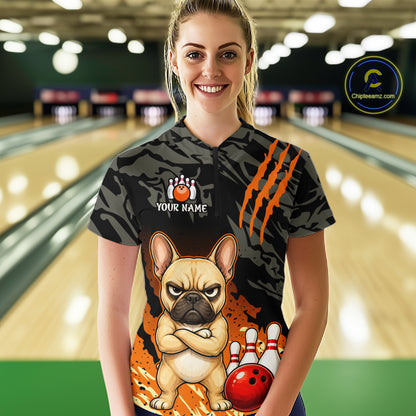 Funny French Bulldog Bowling Shirt Custom Name Black Camo Orange Personalized Team Jersey For Women NHT1266
