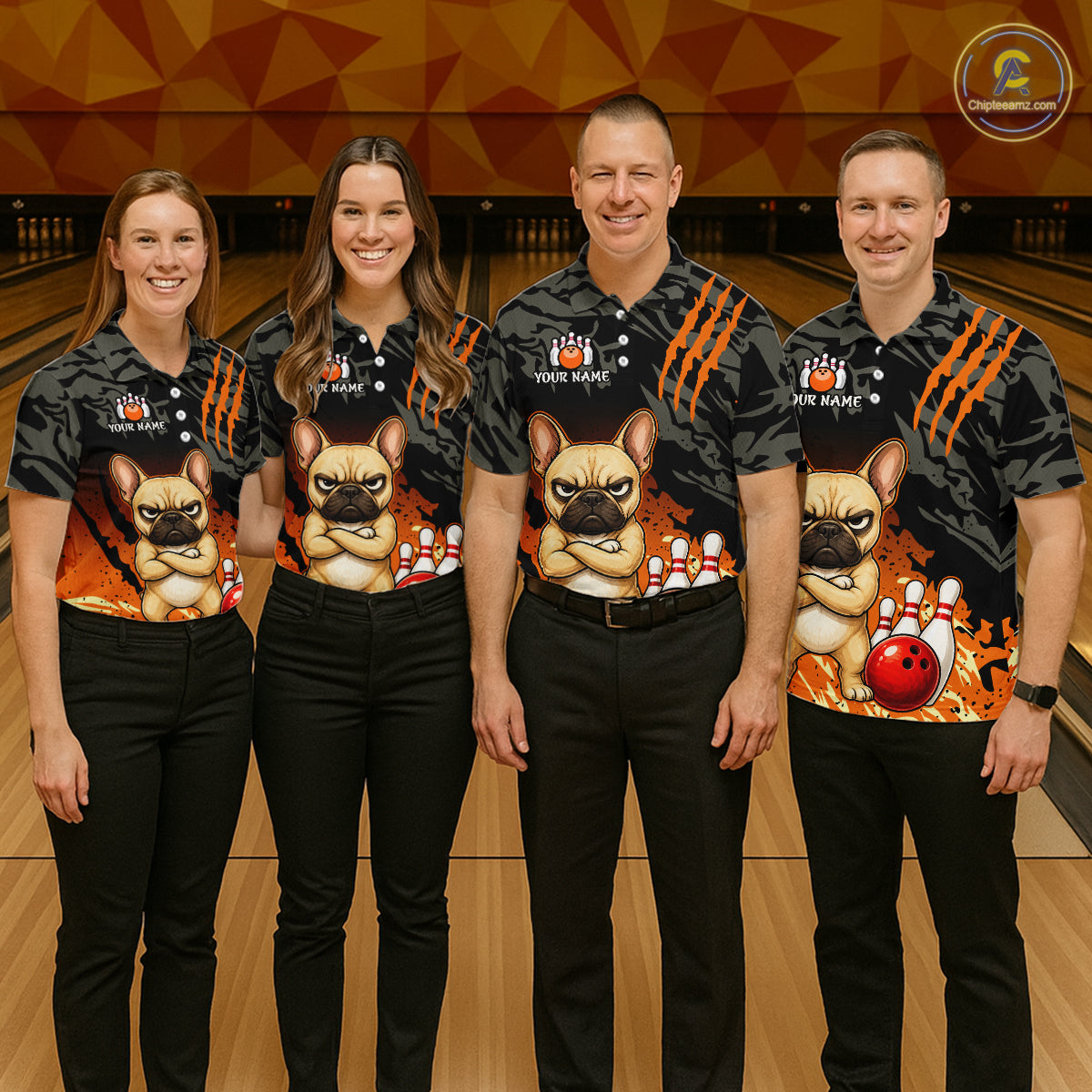Funny French Bulldog Bowling Shirt Custom Name Black Camo Orange Personalized Team Jersey For Men NHT1266