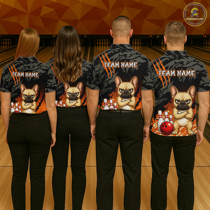 Funny French Bulldog Bowling Shirt Custom Name Black Camo Orange Personalized Team Jersey For Women NHT1266