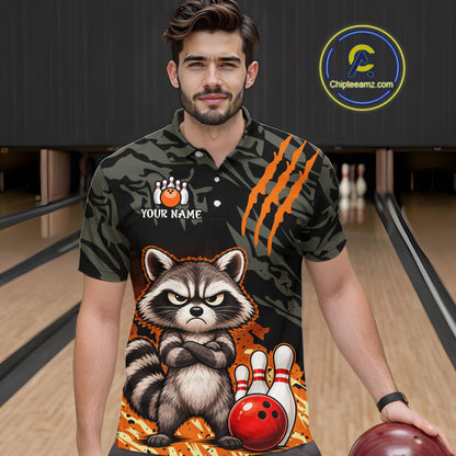 Funny Raccoon Bowling Shirt Custom Name Black Camo Orange Personalized Team Jersey For Men NHT1267