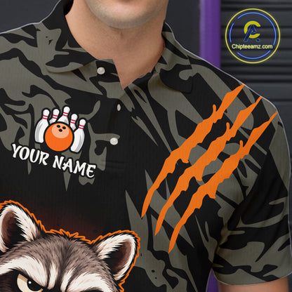 Funny Raccoon Bowling Shirt Custom Name Black Camo Orange Personalized Team Jersey For Men NHT1267