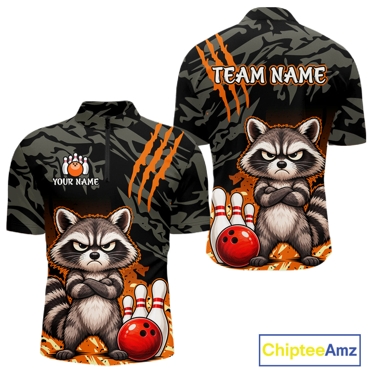 Custom short-sleeve bowling t-shirt shown from both front and back views. The shirt features a dark camouflage pattern with orange claw marks and a cartoon raccoon holding a red bowling ball with bowling pins.