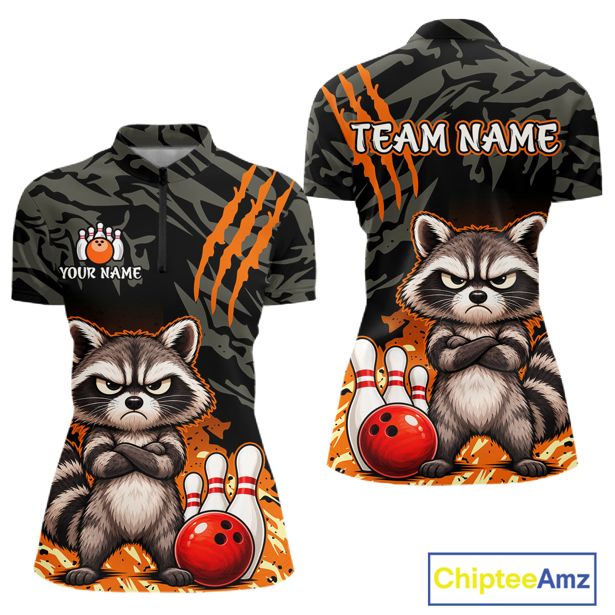 Front and back views of a women's short-sleeve polo shirt with a dark camouflage pattern, orange claw-stripe graphics, and a large raccoon illustration holding bowling balls and pins. The front shows customizable text placeholders ('YOUR NAME' and 'TEAM NAME'), and a 'ChipteeAmz' logo appears in the bottom right corner.