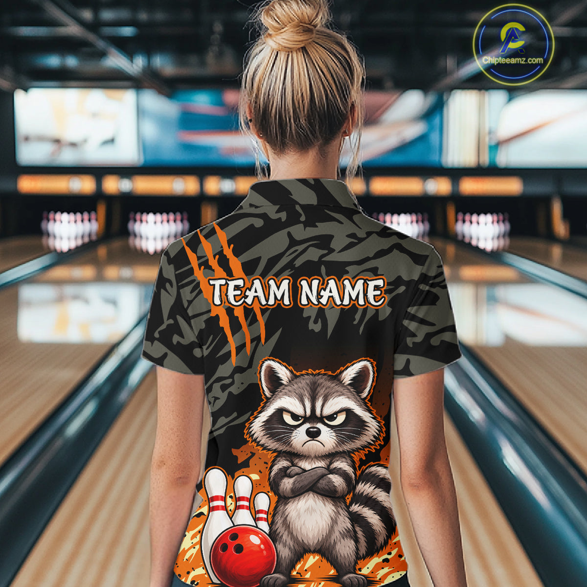 Funny Raccoon Bowling Shirt Custom Name Black Camo Orange Personalized Team Jersey For Women NHT1267