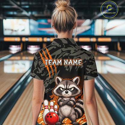 Funny Raccoon Bowling Shirt Custom Name Black Camo Orange Personalized Team Jersey For Women NHT1267