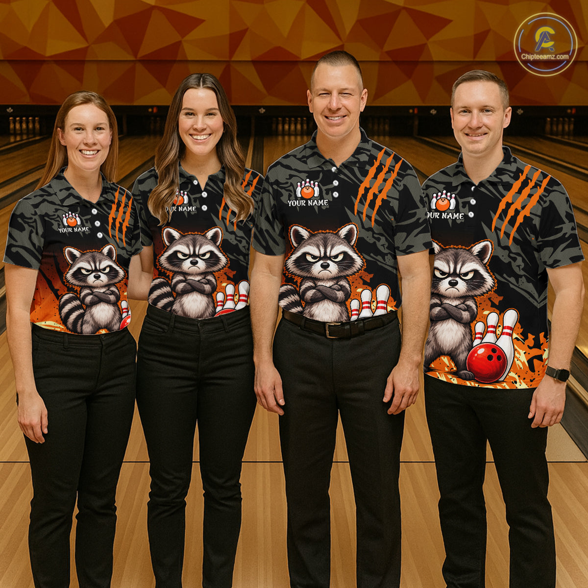 Funny Raccoon Bowling Shirt Custom Name Black Camo Orange Personalized Team Jersey For Men NHT1267