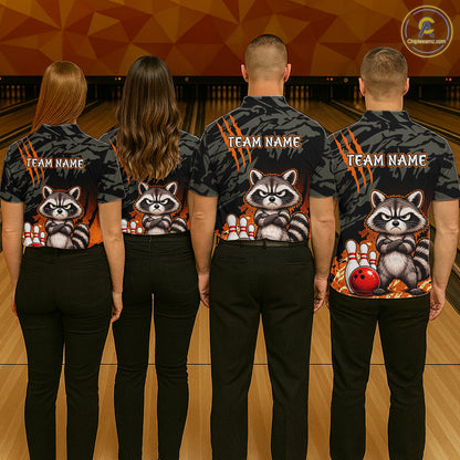 Funny Raccoon Bowling Shirt Custom Name Black Camo Orange Personalized Team Jersey For Men NHT1267