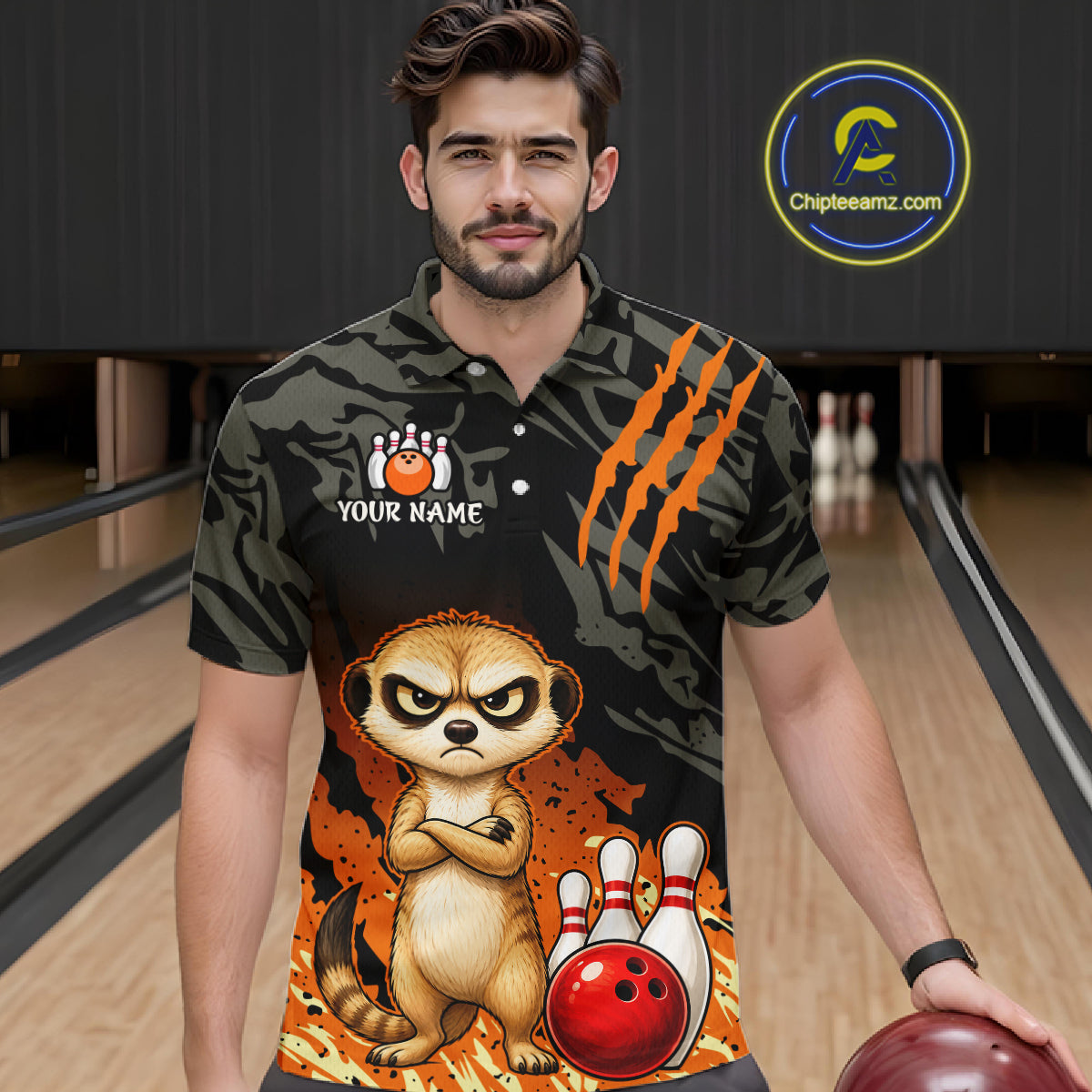 A man wearing a custom bowling-themed short-sleeve polo shirt with a camouflage pattern, orange claw marks, a cartoon meerkat, bowling pins, and bowling balls. The shirt also features a customizable chest graphic with a bowling pin icon and the text 'YOUR NAME'.