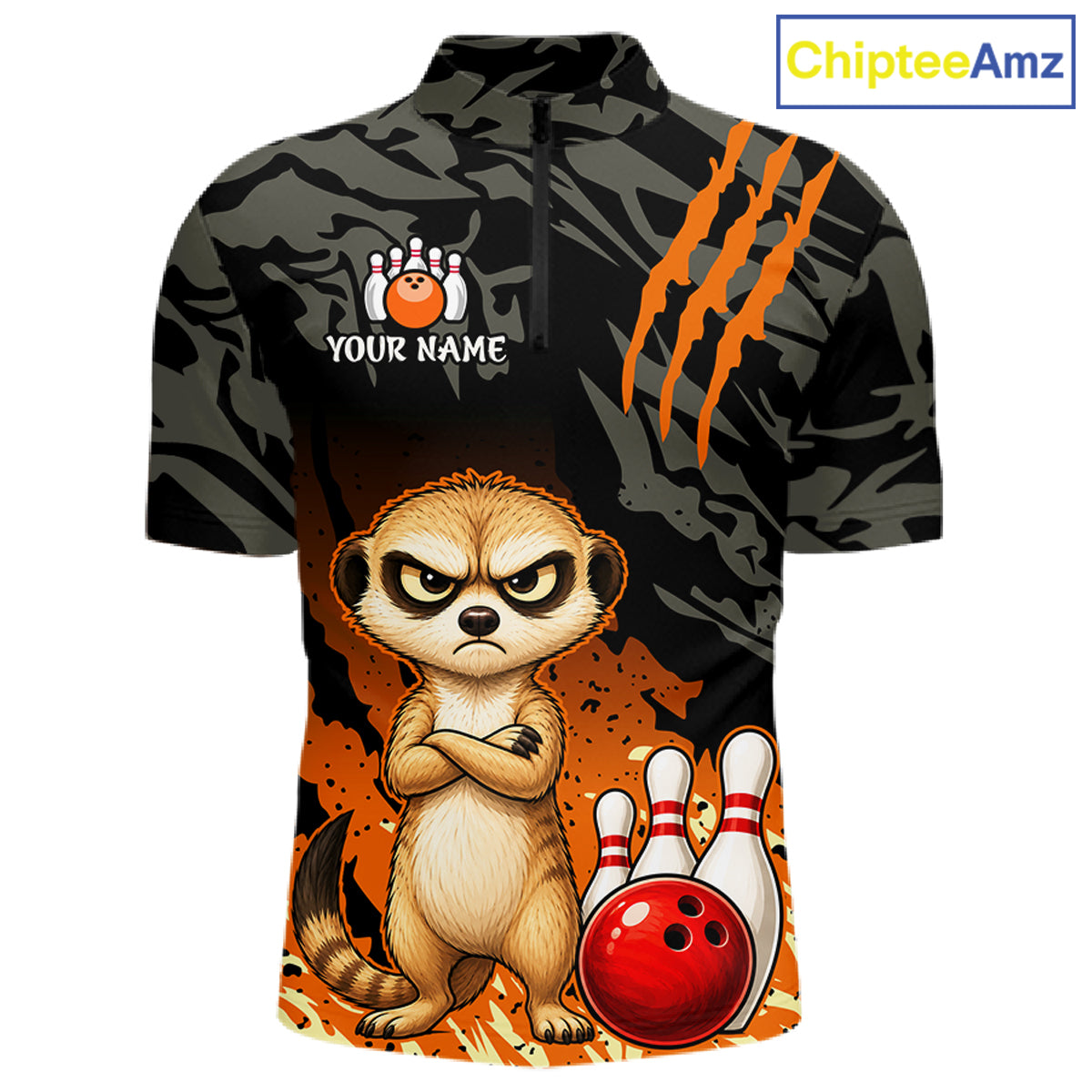 A short-sleeve quarter-zip bowling-themed t-shirt with a camouflage pattern, featuring a cartoon meerkat, bowling pins, a red bowling ball, and orange claw marks. The shirt has a placeholder graphic on the left chest reading 'YOUR NAME' with bowling pins, and a 'ChipteeAmz' logo in the top right corner.