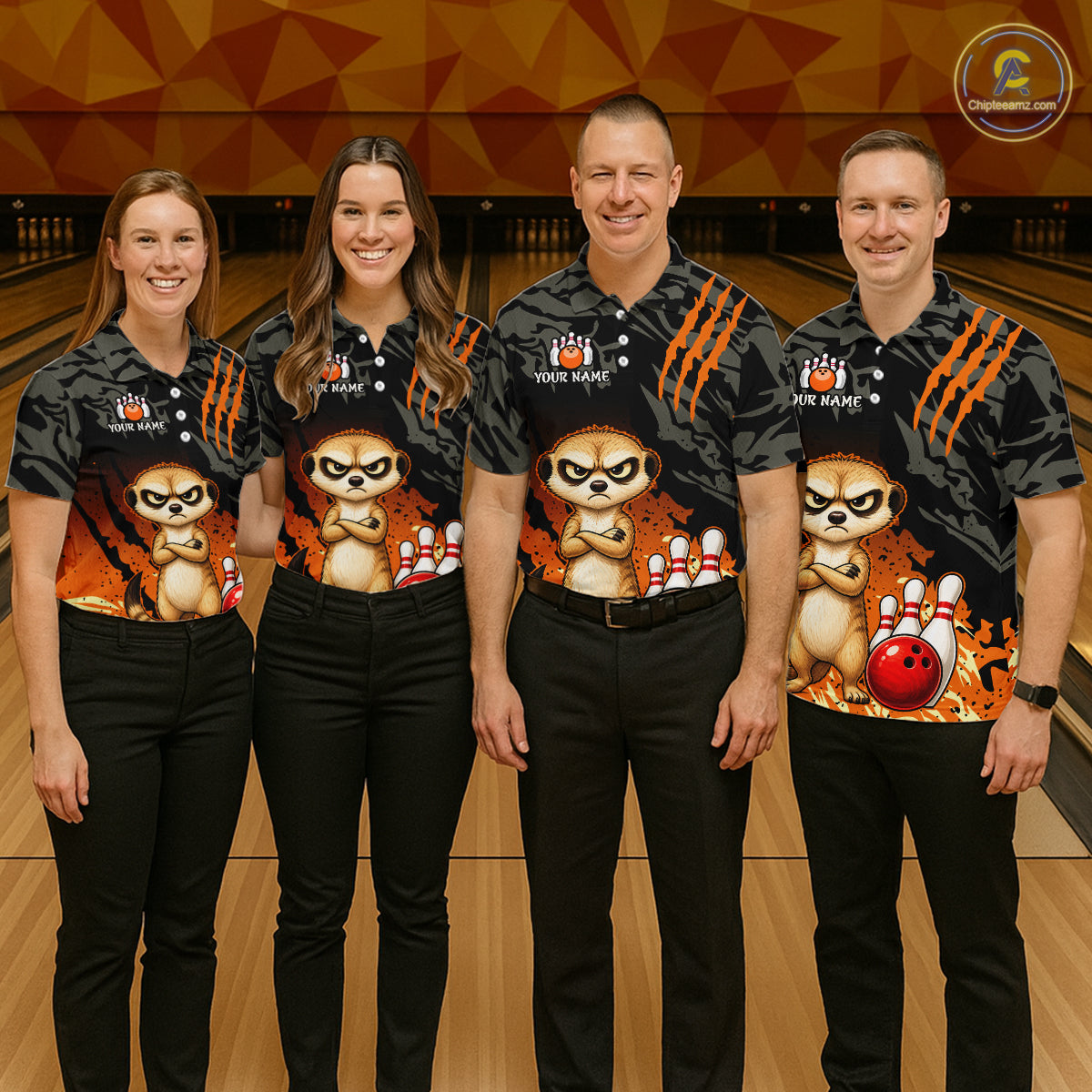 Funny Meekat Bowling Shirt Custom Name Black Camo Orange Personalized Team Jersey For Men NHT1268