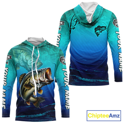 Teal and blue fishing-themed hoodie with a large mouth bass design on a white background.