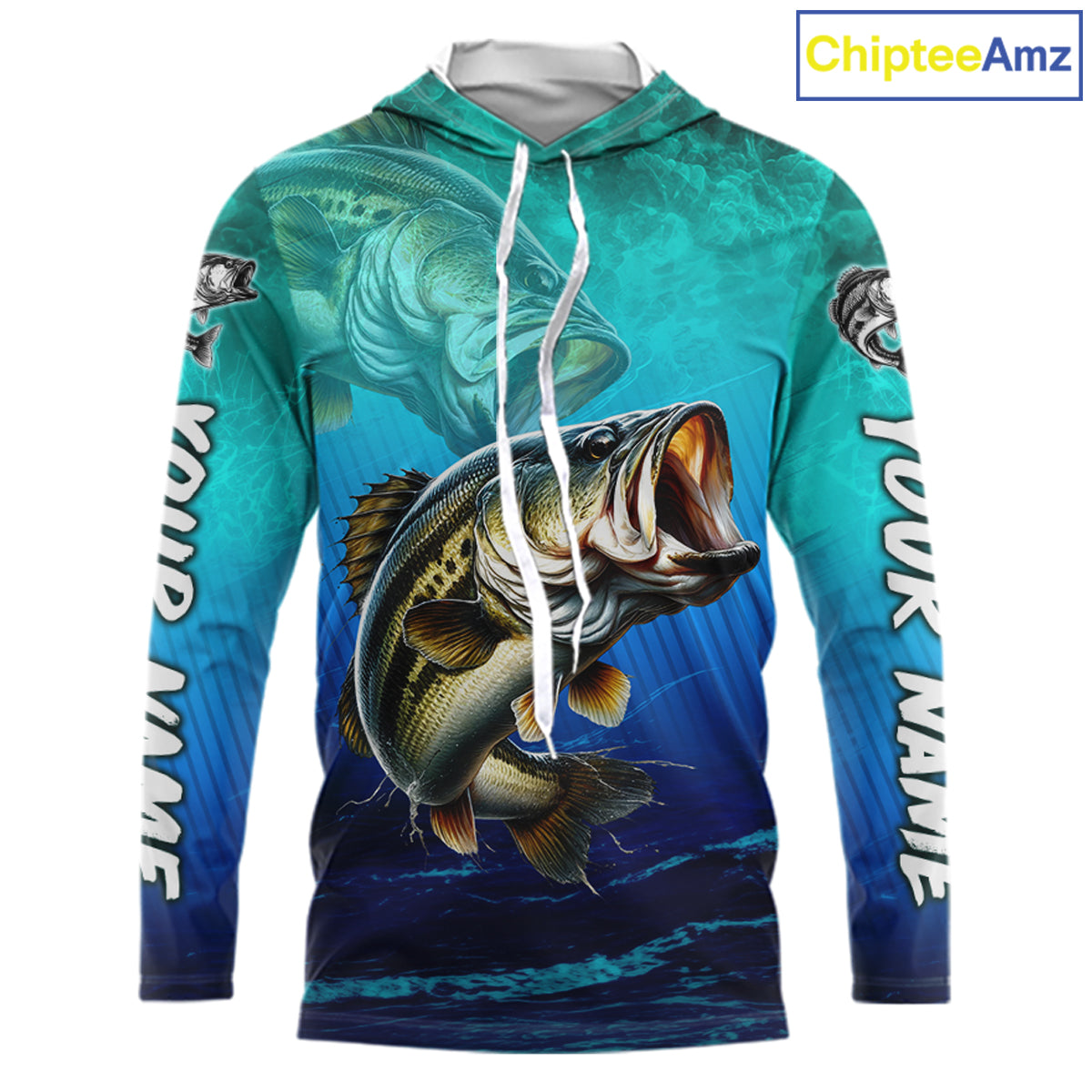 Custom Name Teal Blue Bass Fishing Jersey - Personalized 3D Long Sleeve Hooded Fishing Shirt For Men