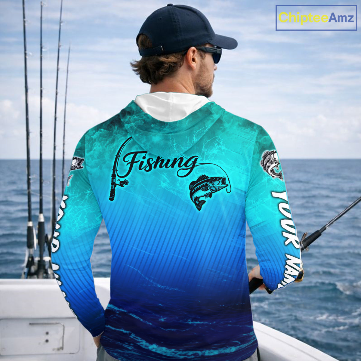 Teal and blue fishing-themed hoodie with a large mouth bass design on a white background.