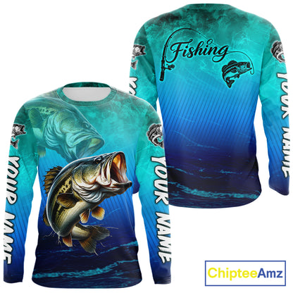Custom Name Teal Blue Bass Fishing Jersey - Personalized 3D Long Sleeve Fishing Shirt For Men