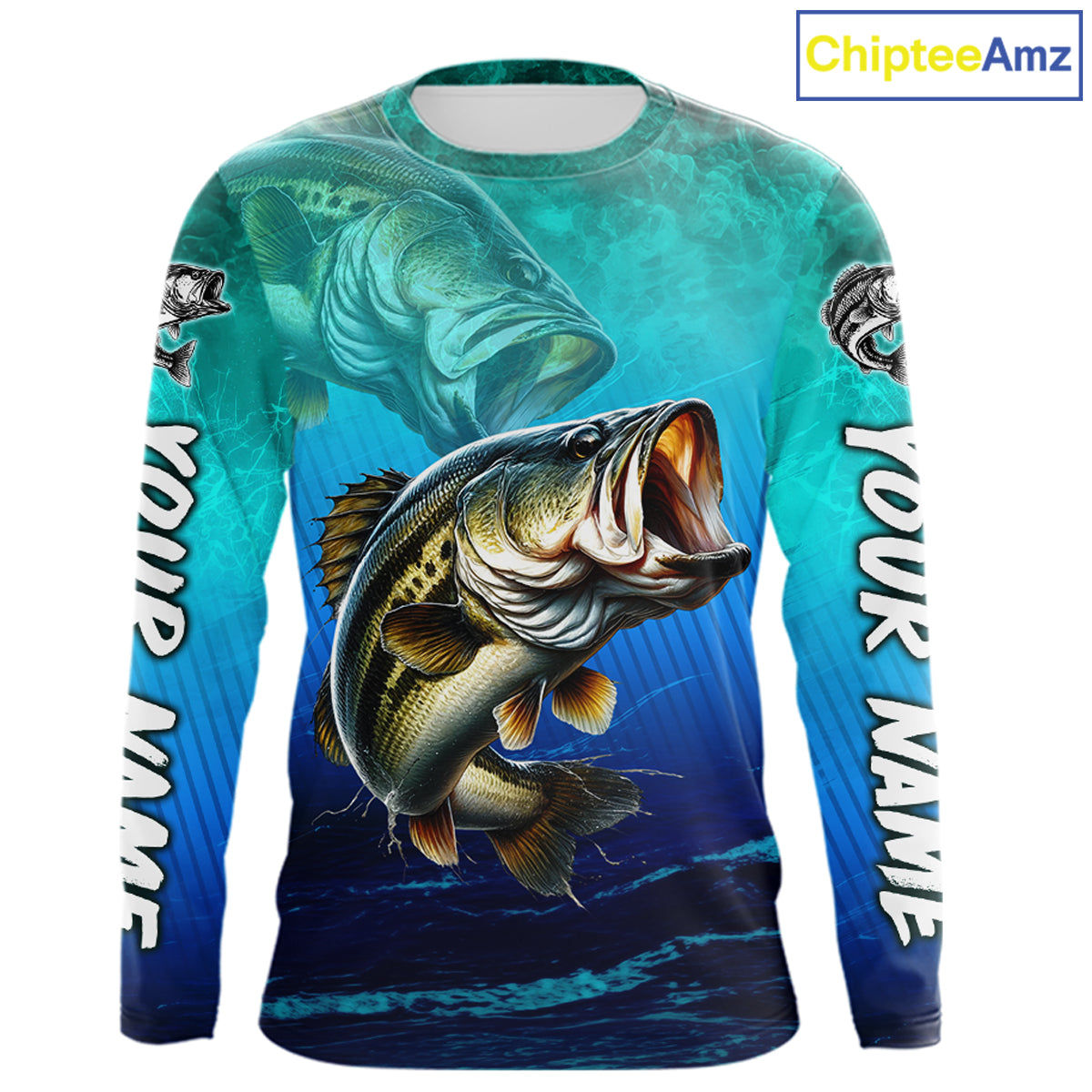 Custom Name Teal Blue Bass Fishing Jersey - Personalized 3D Long Sleeve Fishing Shirt For Men