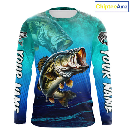 Custom Name Teal Blue Bass Fishing Jersey - Personalized 3D Long Sleeve Fishing Shirt For Men