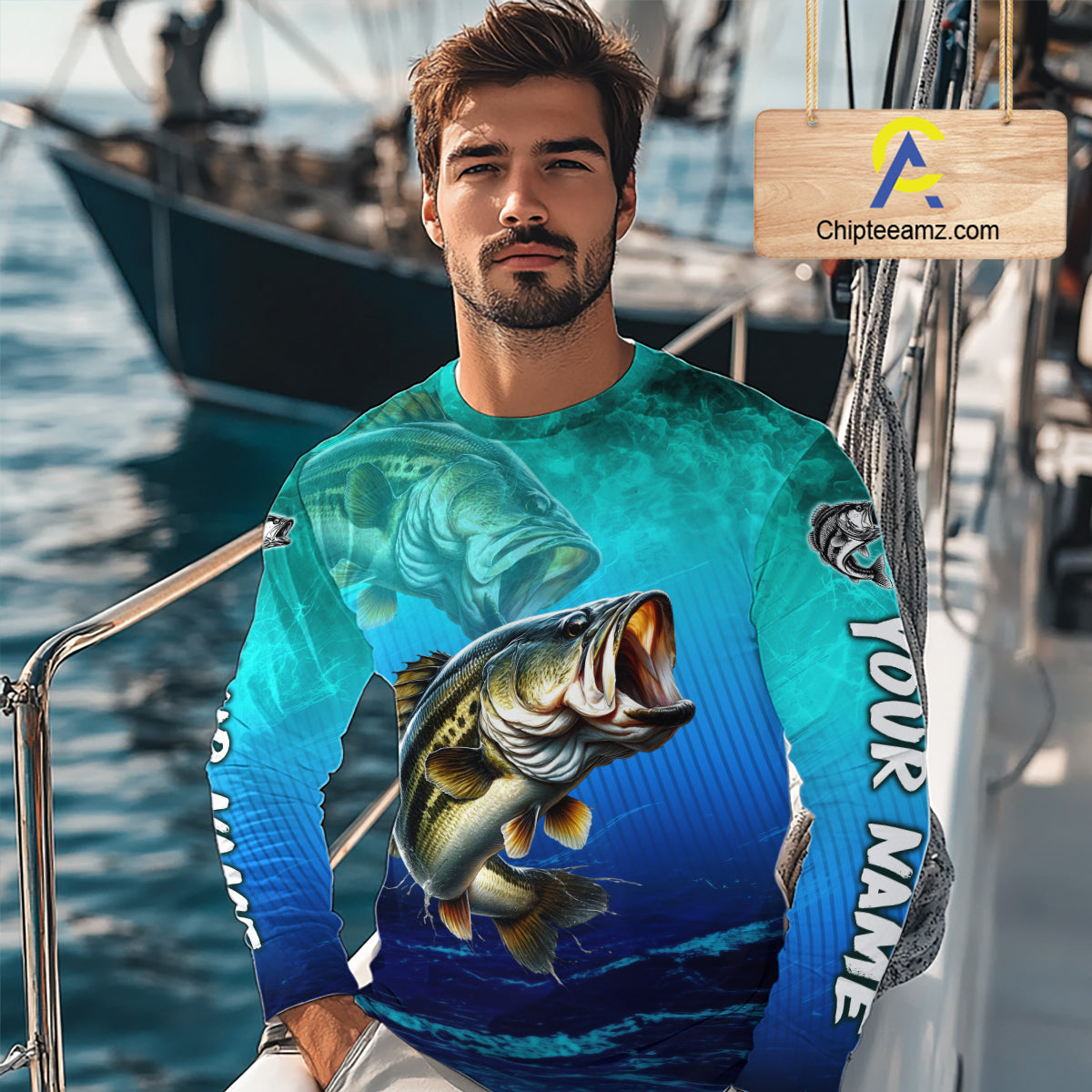Custom Name Teal Blue Bass Fishing Jersey - Personalized 3D Long Sleeve Fishing Shirt For Men
