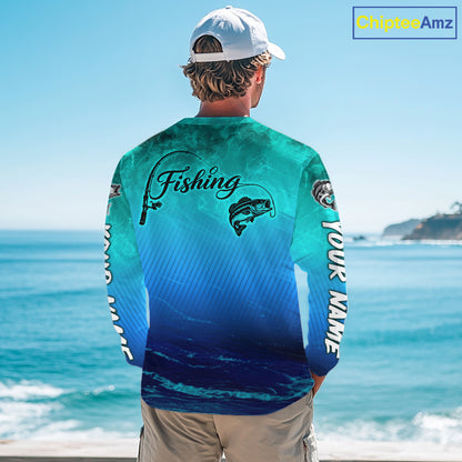 Custom Name Teal Blue Bass Fishing Jersey - Personalized 3D Long Sleeve Fishing Shirt For Men